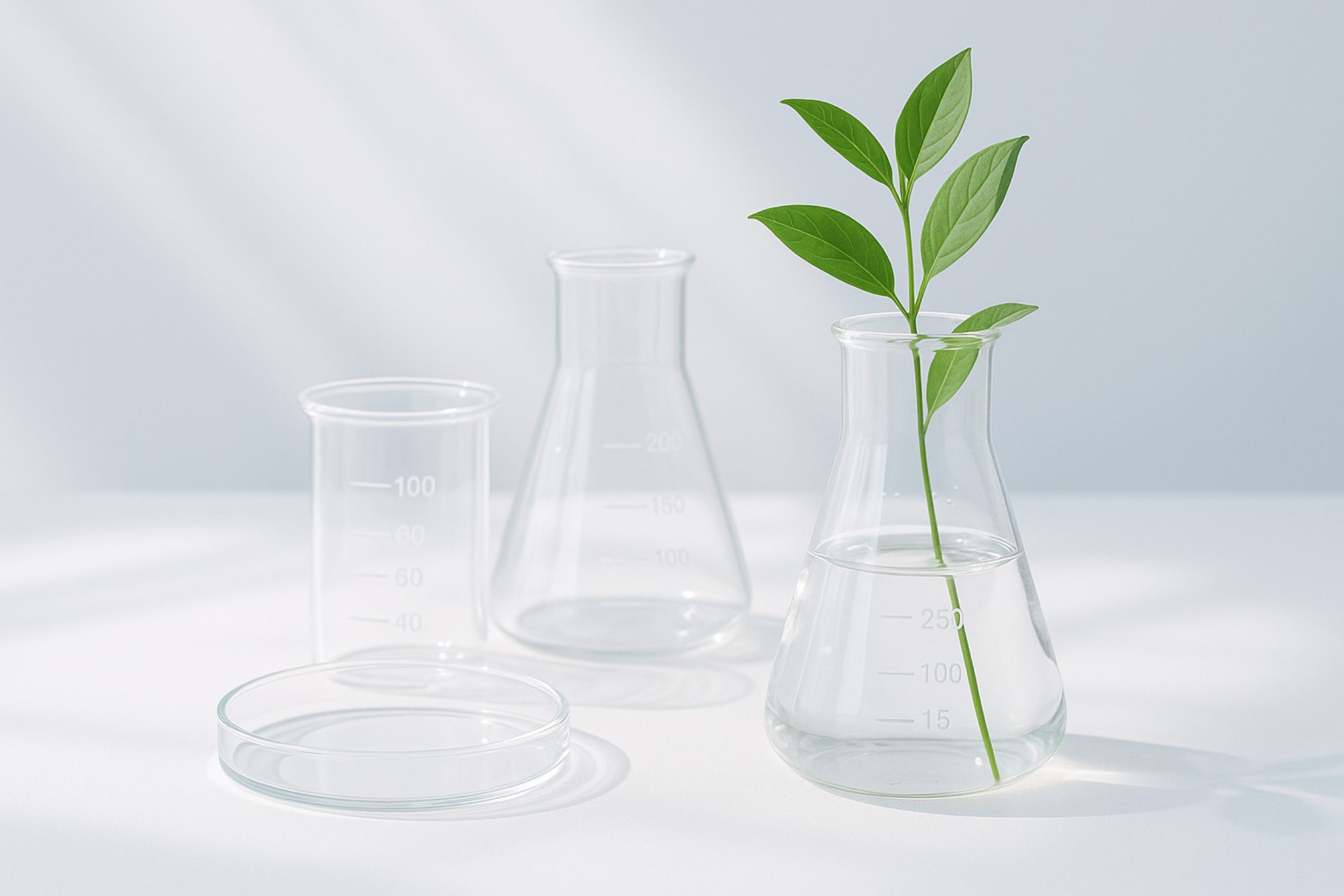 サイエンスと品質を象徴する実験器具と植物